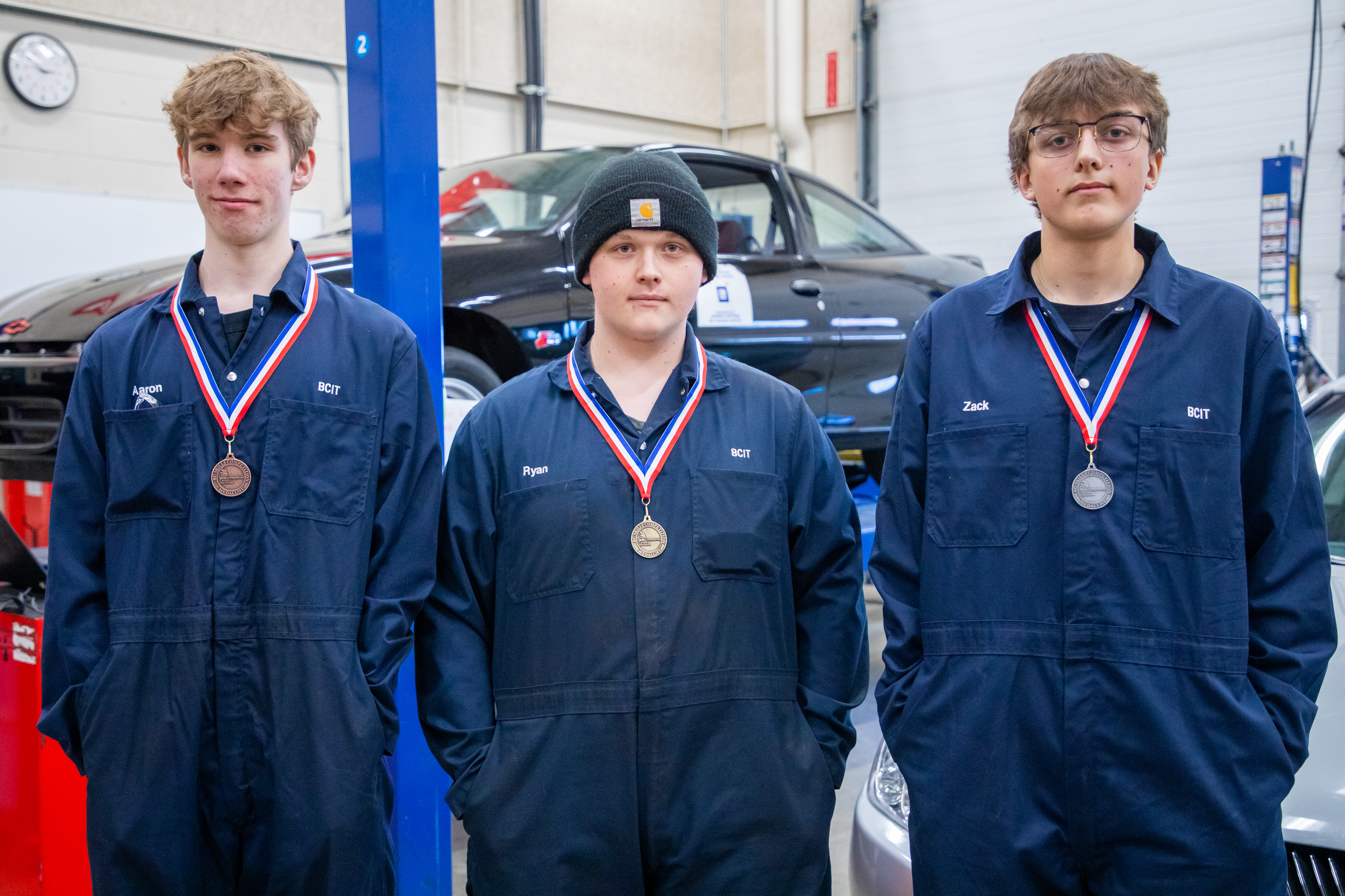 Winners of the auto service Skills Canada BC regional competition pose with their medals.